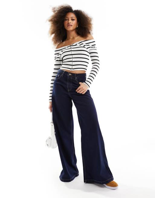 Pull Bear off shoulder long sleeved top in black white stripe
