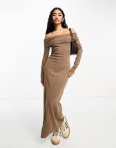 Bershka strappy soft touch shaping maxi dress in khaki