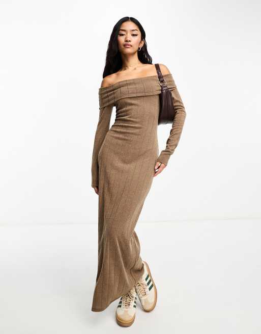 Pull&Bear off shoulder ribbed maxi dress in taupe brown