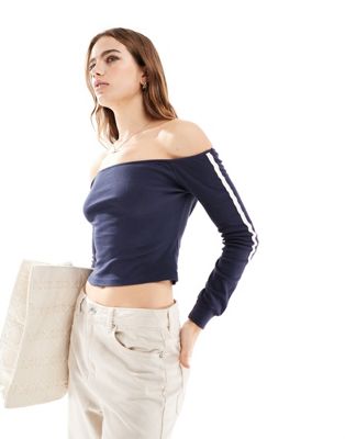 Pull&Bear off shoulder sporty top  with stripe detail co-ord in navy