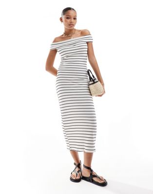 Pull & Bear Off The Shoulder Midaxi Dress In White & Black Stripe