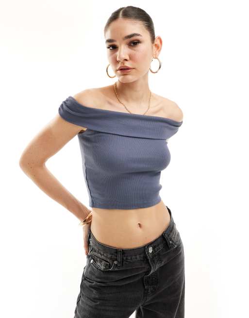 Pull&Bear off the shoulder top in navy blue