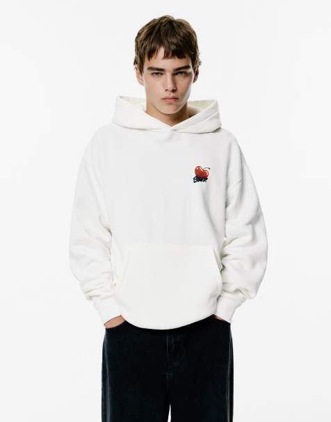 Pull&Bear - Offwhite hættetrøje med 'stwd'-kirsebærprint - view 1