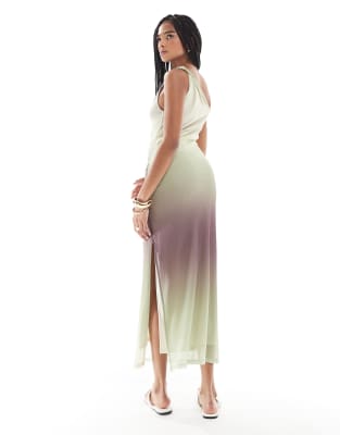 Pull & Bear Ombre Mesh Cowl Neck Midi Dress In Multi