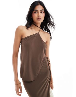 Pull & Bear One Shoulder Asymmetric Detail Top In Brown - Part Of A Set-gray