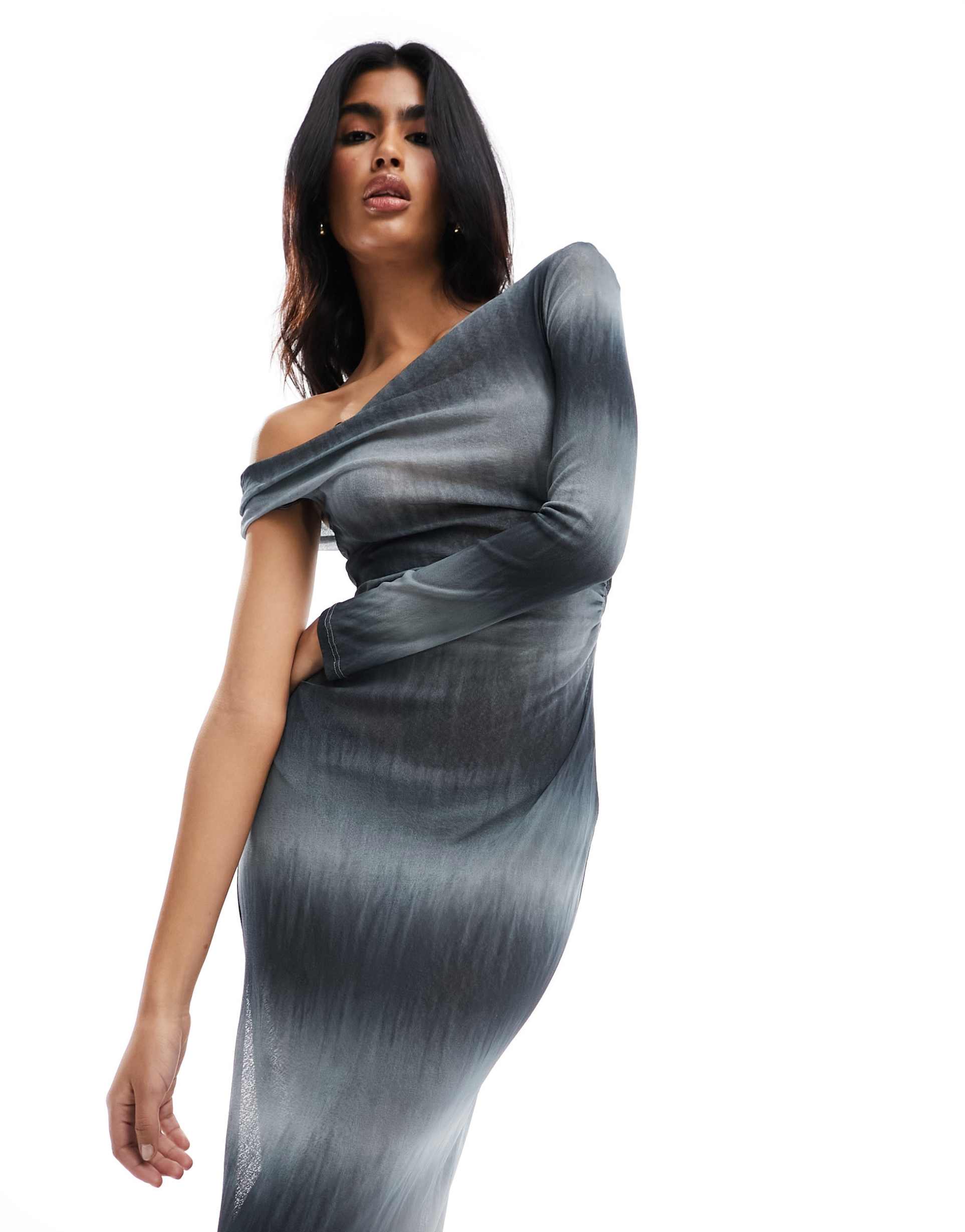 pull&bear one shoulder asymmetric knit maxi dress with split in gray ombre stripe