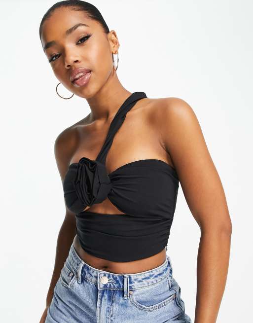 Pull Bear one shoulder cropped top with floral detail in black ASOS