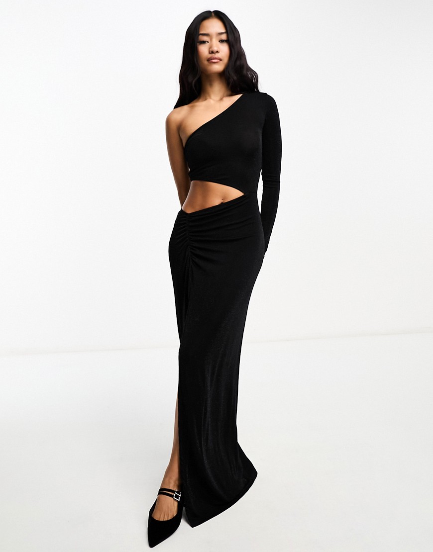 Pull & Bear One Shoulder Cut Out Maxi Dress In Black