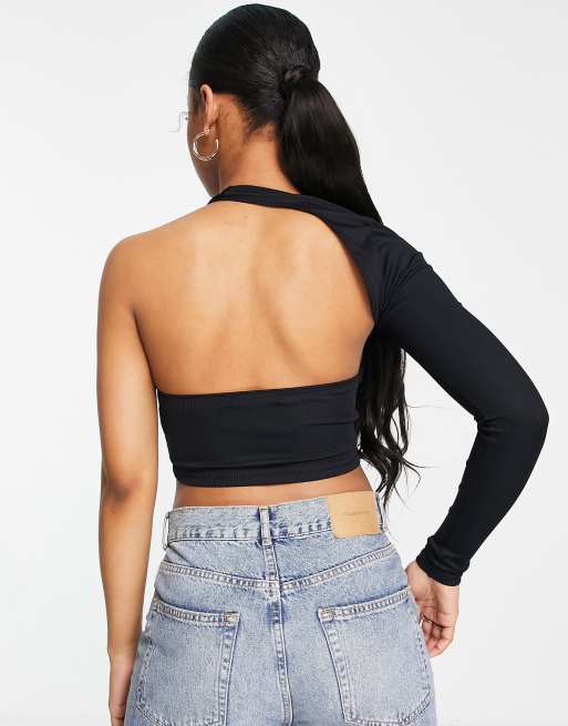 Pull Bear one shoulder halterneck crop top in black ASOS