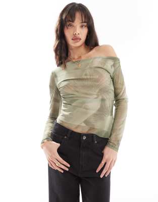 Pull & Bear One Shoulder Mesh Long Sleeved Top In Green Print