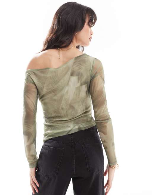 Pull&Bear one shoulder mesh long sleeved top in green print, 2 of 4