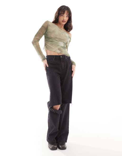 Pull&Bear one shoulder mesh long sleeved top in green print, 3 of 4