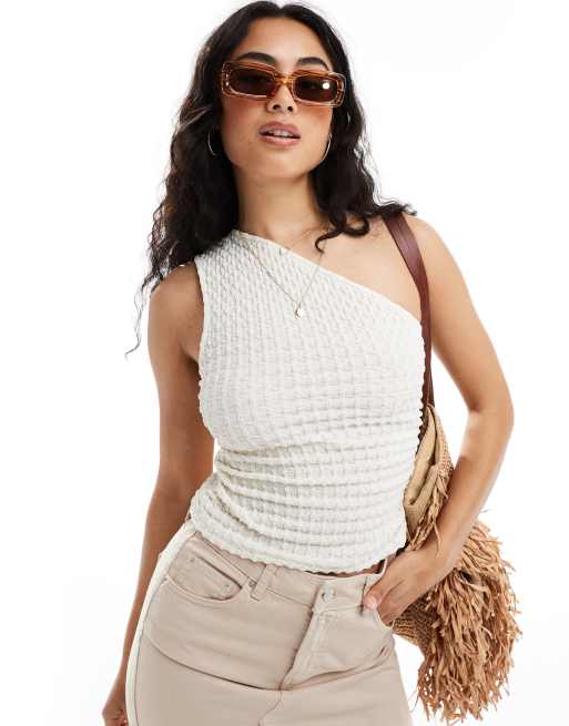 Pull&Bear – One-Shoulder-Oberteil in Ecru mit Blasenstruktur