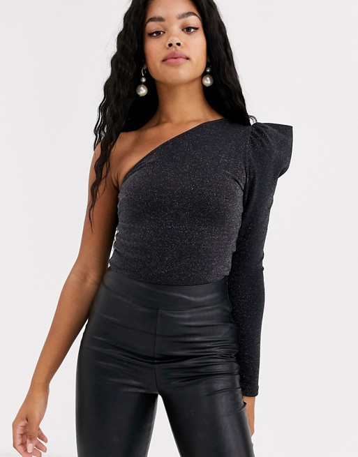 Pull&Bear one shoulder puff sleeve top in black