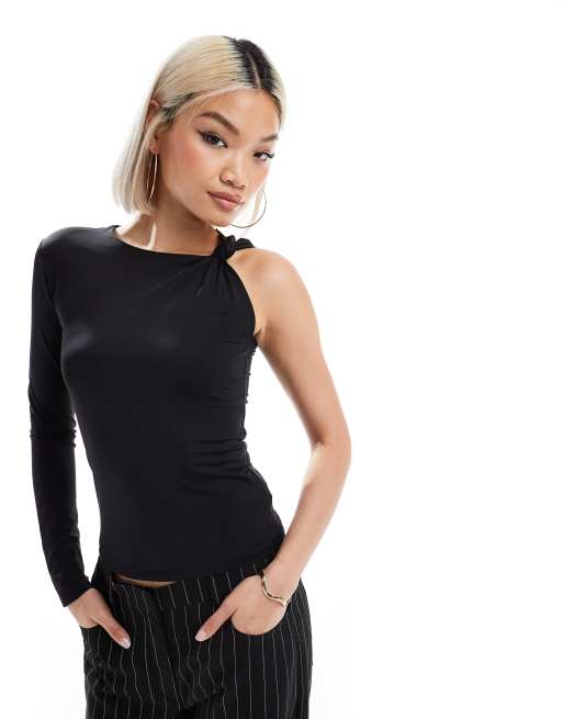 Pull&Bear one sleeve knot detail polyamide top in black