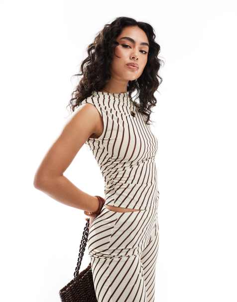 Pull&Bear one sleeve striped top co-ord in brown & white - view 1