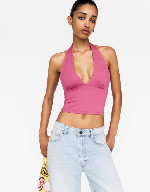 Pull&Bear Open back halter top in raspberry