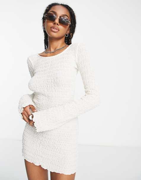 Pull&Bear open back long sleeve mini beach dress in natural - view 1