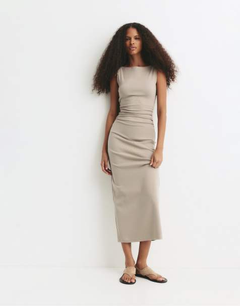 Pull&Bear Open back midi dress in taupe - view 1