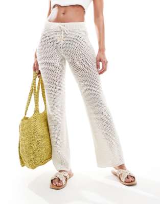 Pull & Bear Open Knit Crochet Pants In Ecru-white