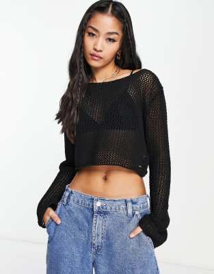 Pull&Bear open knit cropped jumper in black | ASOS