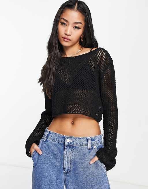 Pull&Bear open knit cropped jumper in black | ASOS