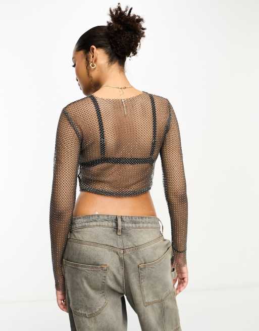 Pull&Bear open knit mesh long sleeved top with diamante detail in dark grey, 2 of 4
