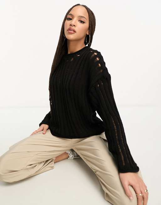 Black Metallic Striped Open Knit Polo Neck Jumper For Sale at