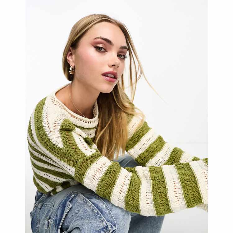 Pullu0026Bear open knit striped sweater in khaki | ASOS