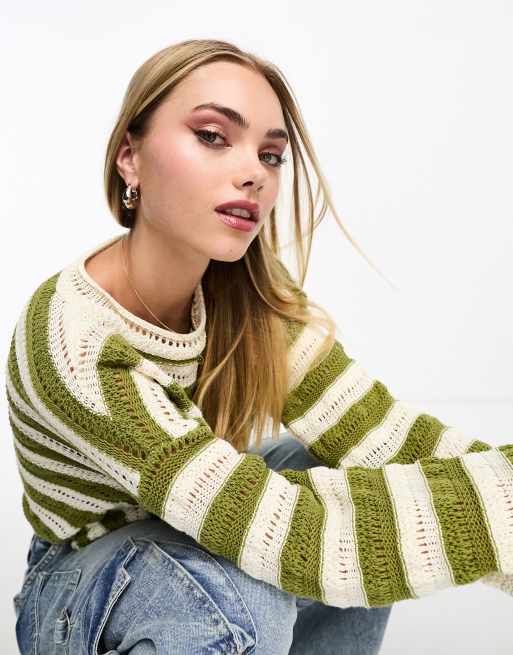 Pull&Bear open knit striped sweater in khaki ASOS