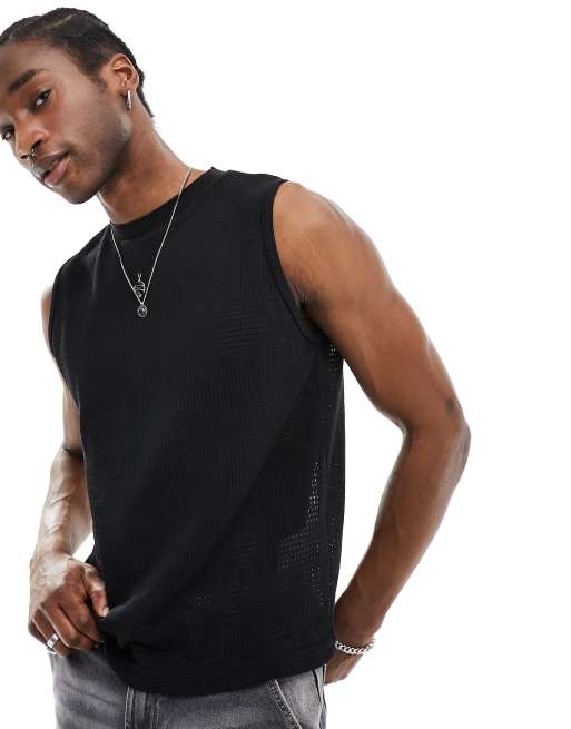 Pull&Bear open knitted tank top in black 