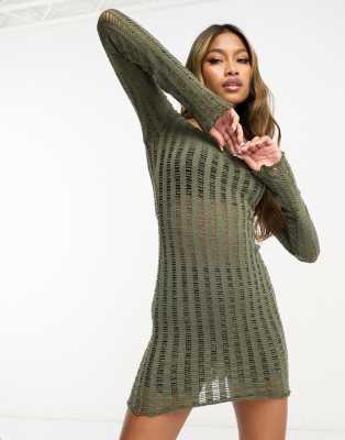 Pull&Bear open ladder knit mini dress in khaki