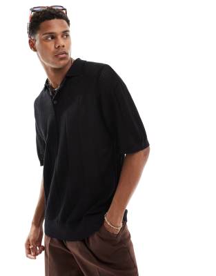 Pull & Bear Open Weave Knit Polo In Black