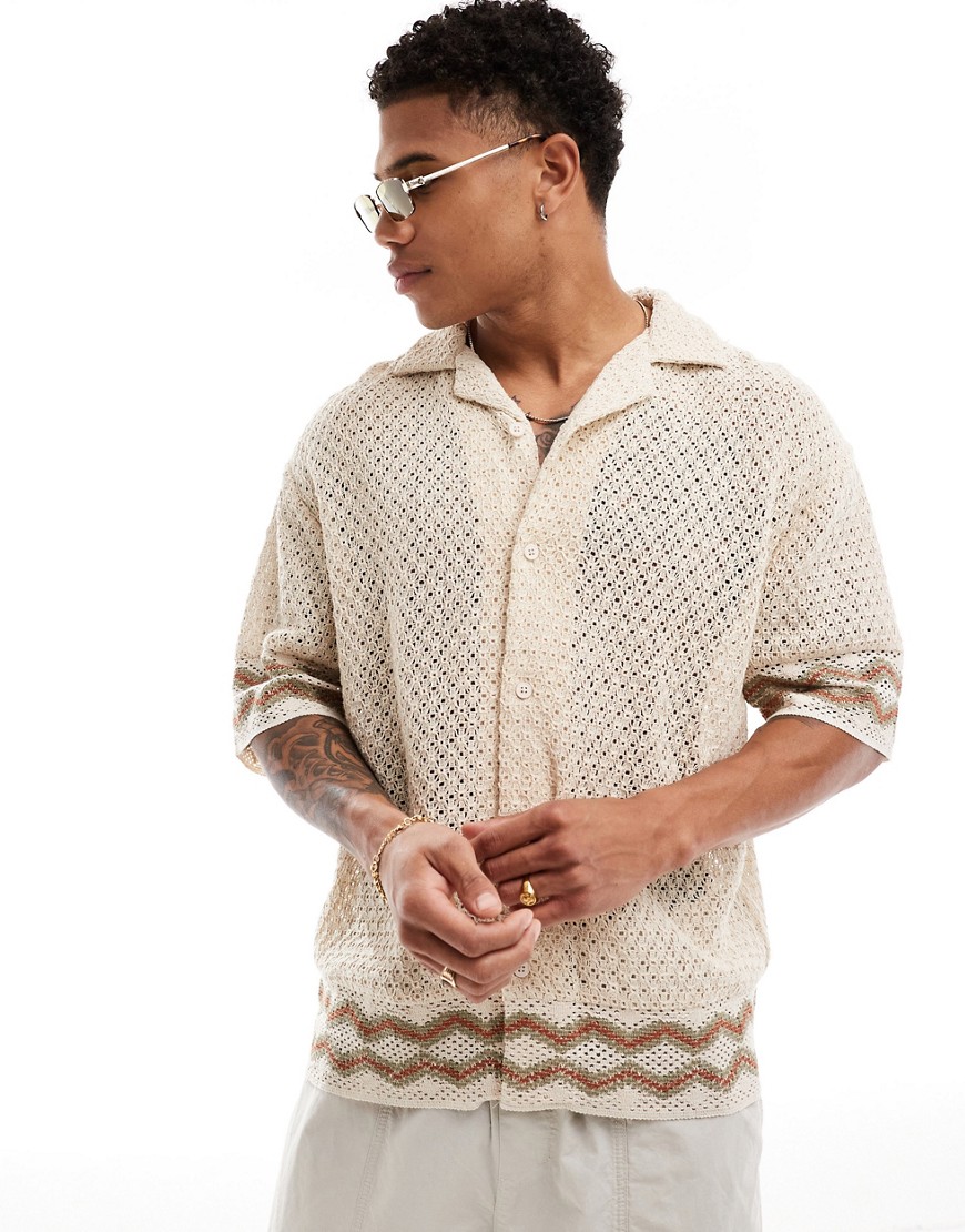Pull & Bear open weave knitted shirt in ecru-Neutral