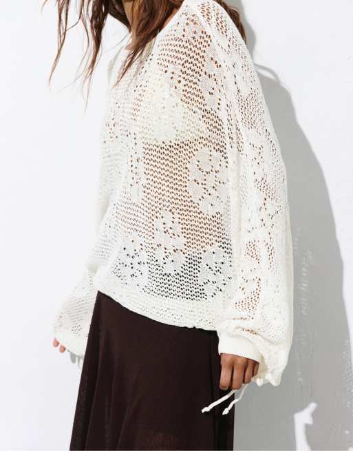 Pull&Bear - Opengewerkte gebreide trui in beige, 3 van 4