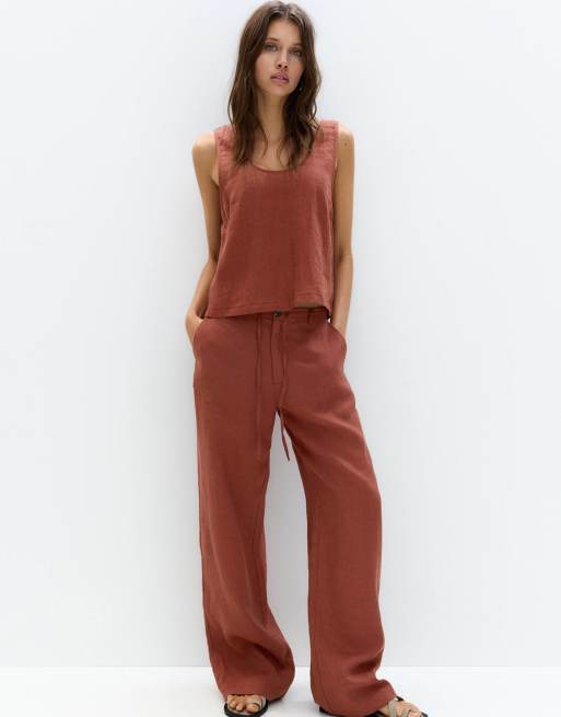 Pull&Bear – Orange, ärmlös, kort topp i linnetyg, 3 av 4