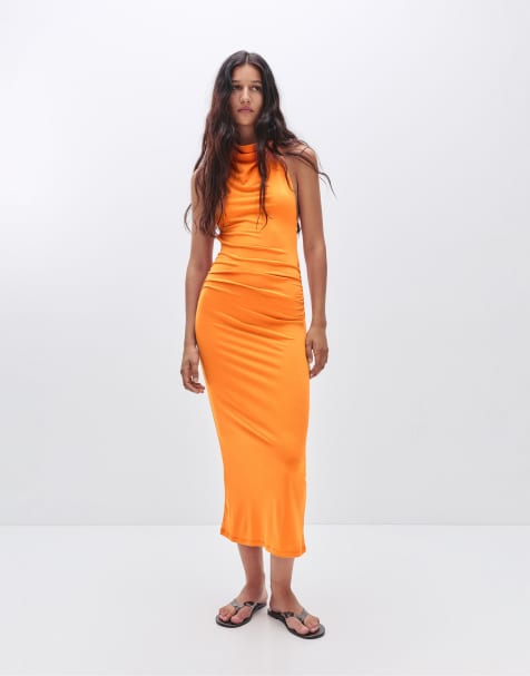 Pull&Bear – Orange, draperad midiklänning med halterneck - view 1