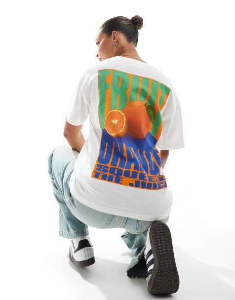 Pull&Bear orange fruit graphic oversized tee in white - view 1