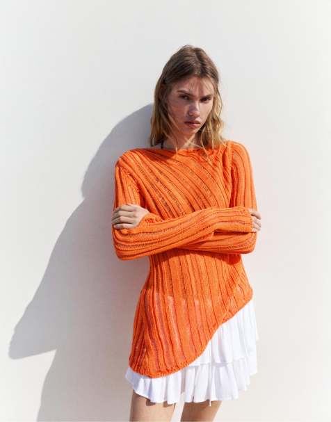 Pull&Bear – Orange, hålstickad tröja - view 1