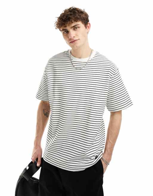 Pull&Bear – Ottoman – Vit t-shirt med ränder