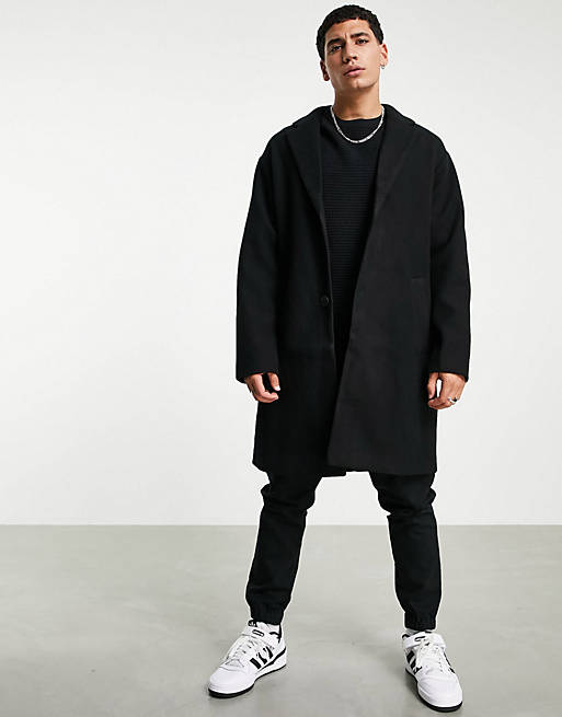 Pull&Bear overcoat in black | ASOS