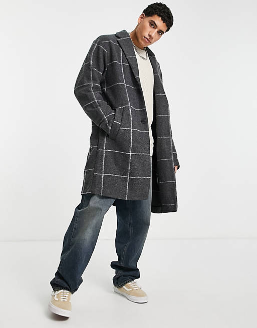 Pull&Bear overcoat in grey check | ASOS