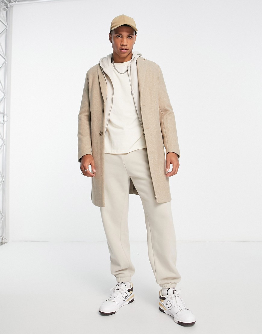 Pull & Bear overcoat with wool mix in beige-Neutral
