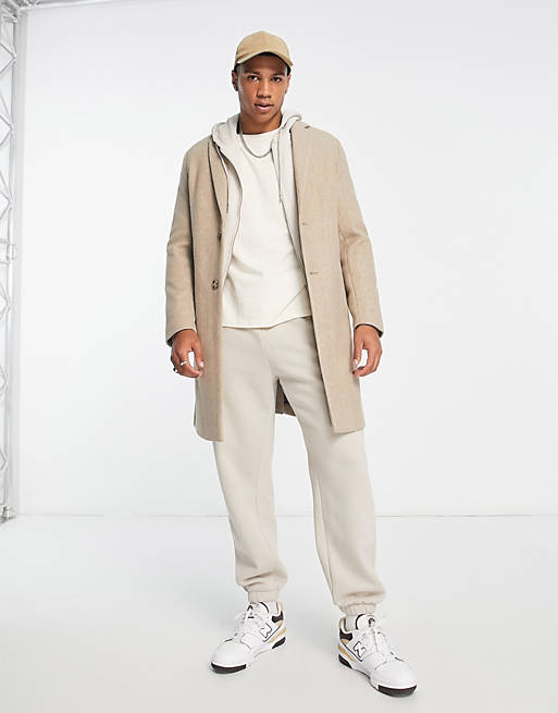 Pull&Bear overcoat with wool mix in beige | ASOS