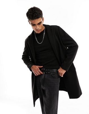Pull&Bear overcoat with wool mix in black