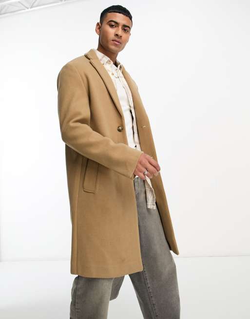 Pull Bear overcoat with wool mix in camel exclusive at ASOS