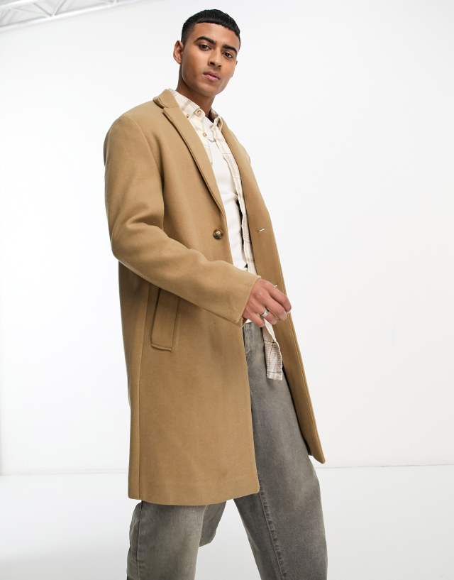 Pull&Bear - overcoat with wool mix in camel exclusive at asos