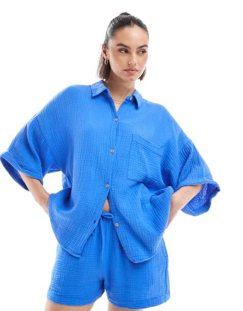 Pull&Bear - Overhemd met gekreukelde textuur in blauw, deel van co-ord set - view 1