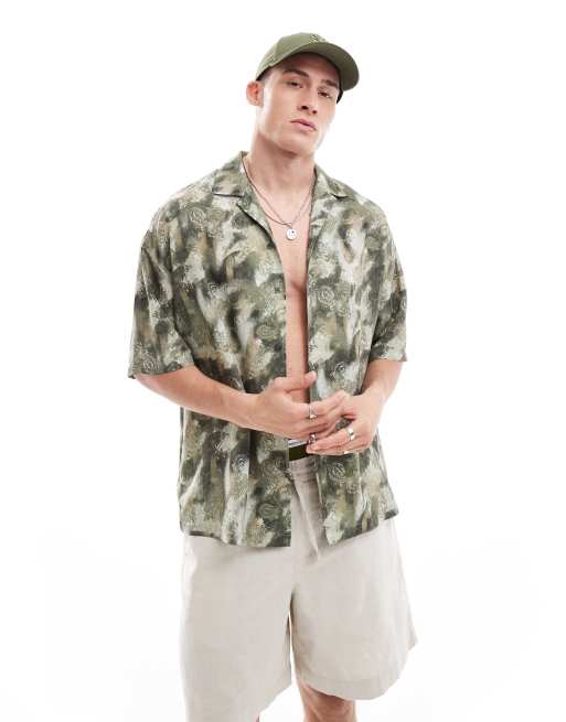 Pull&Bear - Overhemd met grafische vervaagde print in groen
