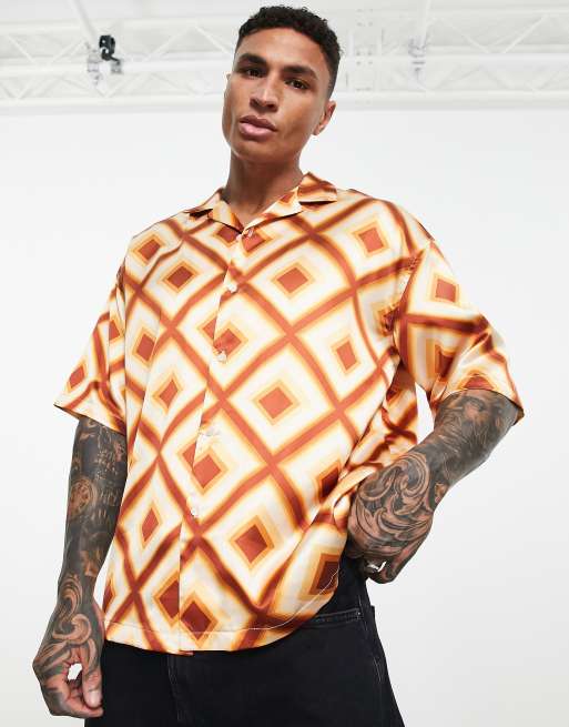 Pull&Bear - Overhemd met korte mouwen en geometrische print in jaren 70-stijl in bruin